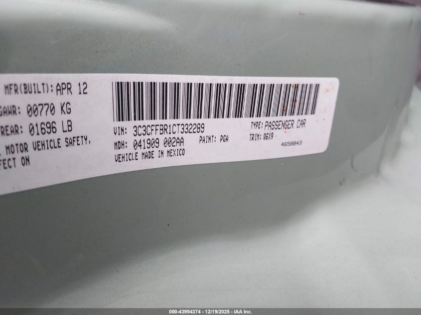 2012 Fiat 500 Sport VIN: 3C3CFFBR1CT332289 Lot: 43994374