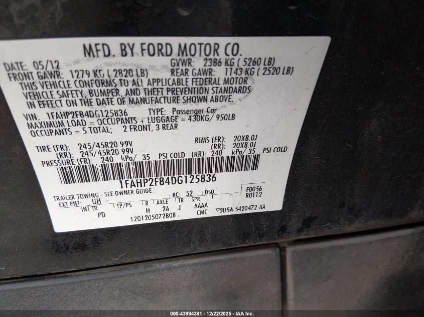 2013 Ford Taurus Limited VIN: 1FAHP2F84DG125836 Lot: 43994381