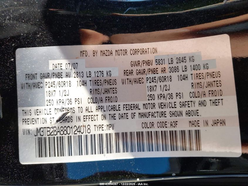 2008 Mazda Cx-9 Touring VIN: JM3TB28A880124018 Lot: 43994387