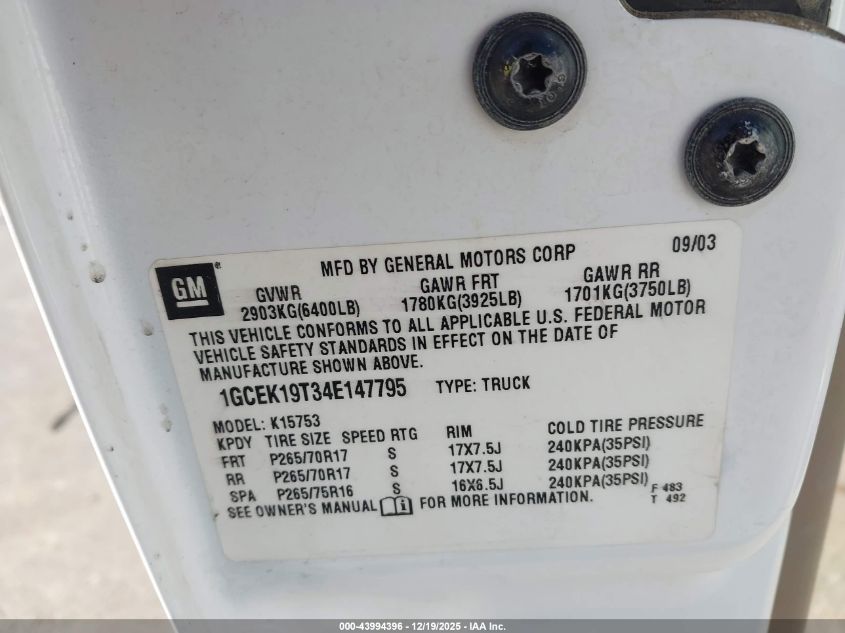2004 Chevrolet Silverado 1500 Z71 VIN: 1GCEK19T34E147795 Lot: 43994396