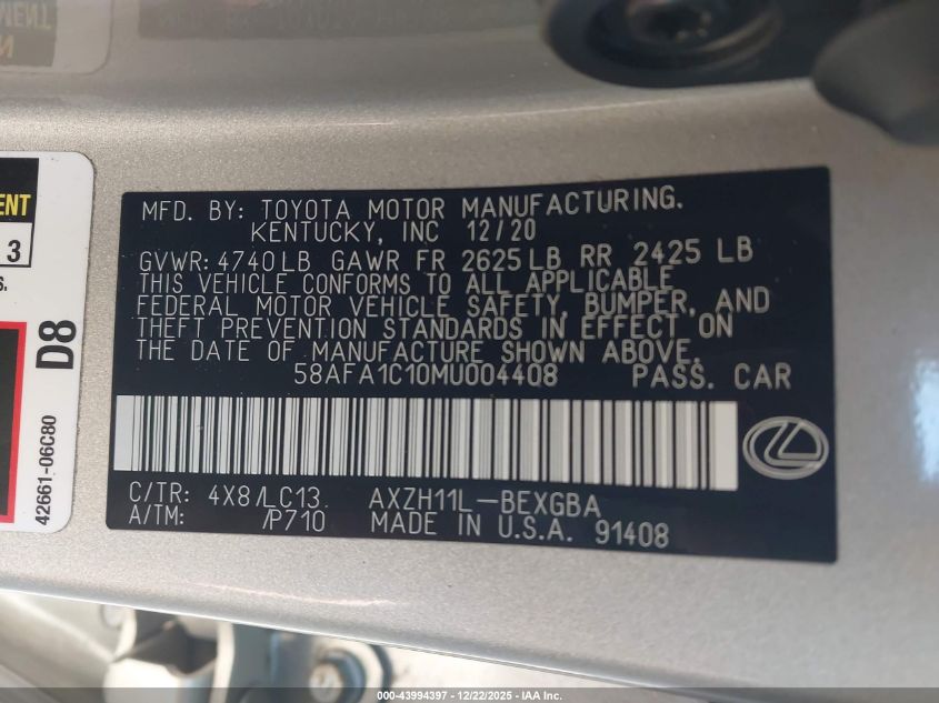 2021 Lexus Es 300H Ultra Luxury VIN: 58AFA1C10MU004408 Lot: 43994397