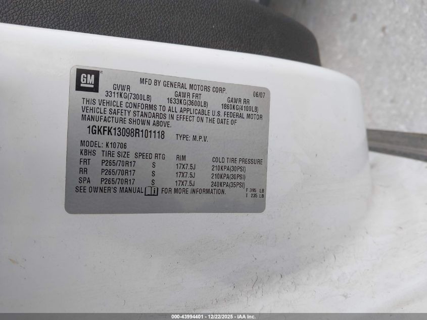2008 GMC Yukon Sle VIN: 1GKFK13098R101118 Lot: 43994401
