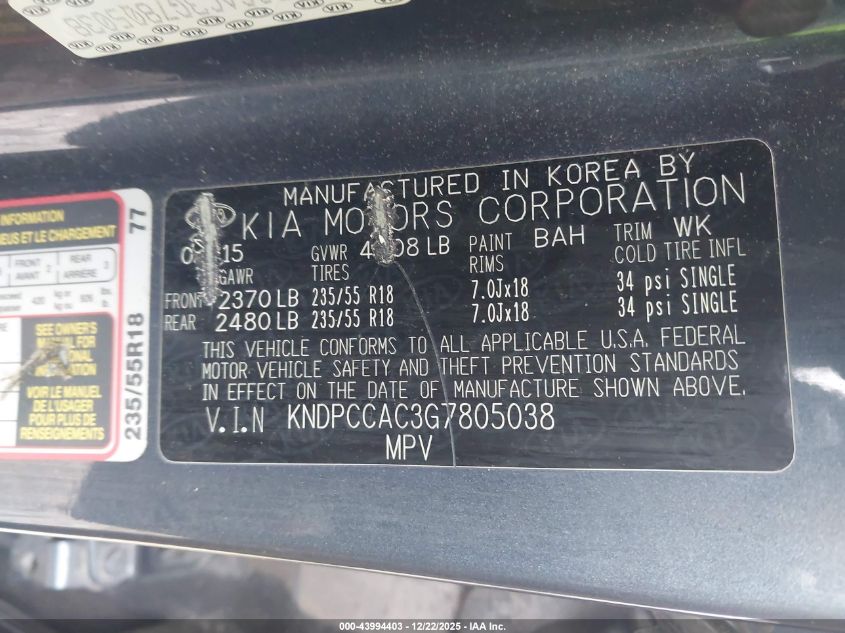2016 Kia Sportage Ex VIN: KNDPCCAC3G7805038 Lot: 43994403