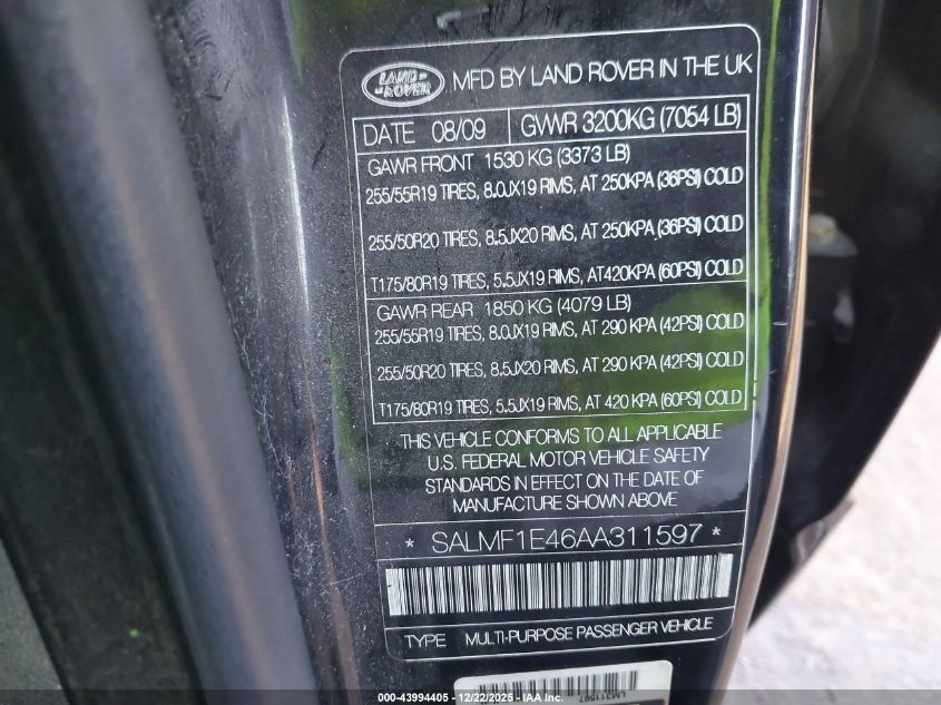 2010 Land Rover Range Rover Supercharged VIN: SALMF1E46AA311597 Lot: 43994405
