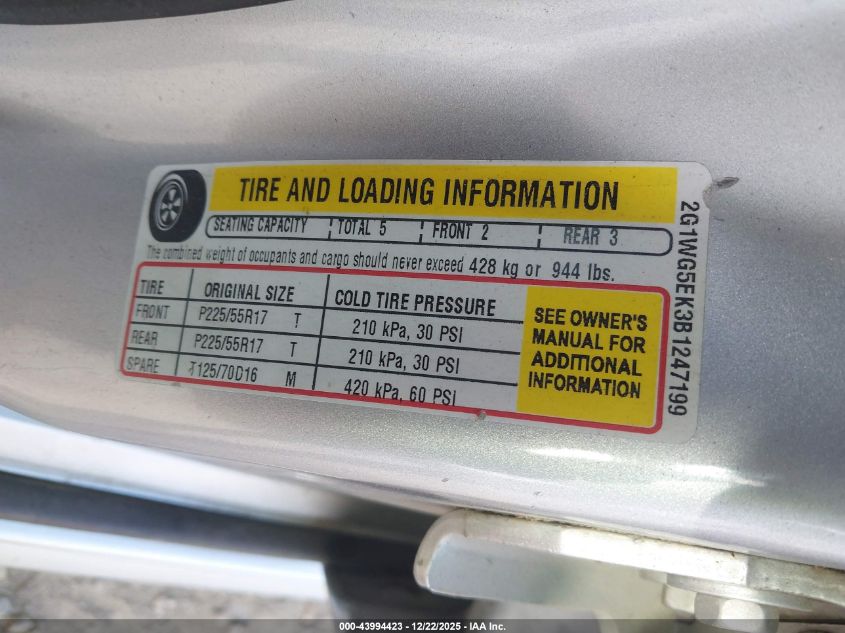 2011 Chevrolet Impala Lt VIN: 2G1WG5EK3B1247199 Lot: 43994423