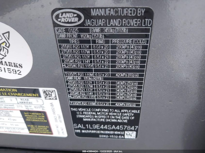 2025 Land Rover Range Rover Sport P460 Dynamic Se VIN: SAL1L9E44SA457847 Lot: 43994424