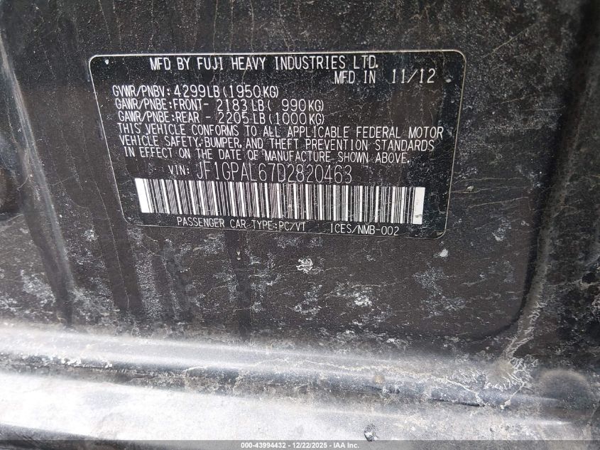 2013 Subaru Impreza 2.0I Sport Premium VIN: JF1GPAL67D2820463 Lot: 43994432