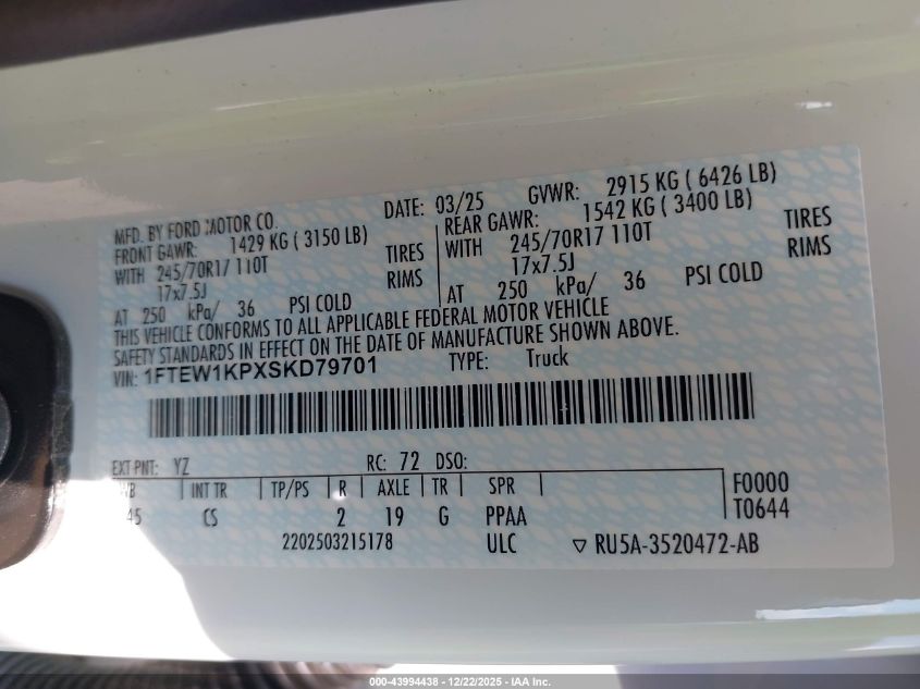 2025 Ford F-150 Xl VIN: 1FTEW1KPXSKD79701 Lot: 43994438