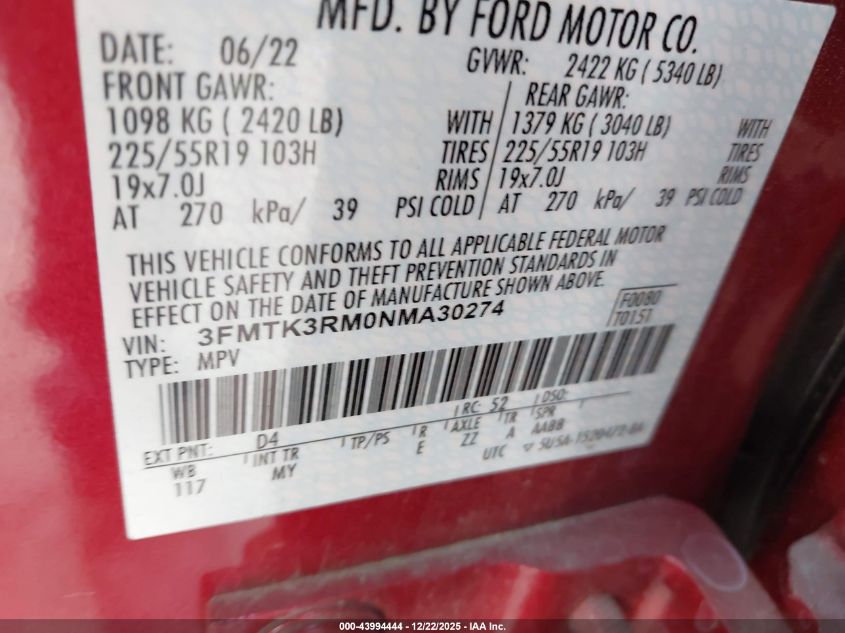 2022 Ford Mustang Mach-E Premium VIN: 3FMTK3RM0NMA30274 Lot: 43994444