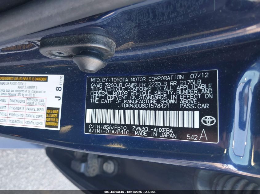 2012 Toyota Prius Two VIN: JTDKN3DU8C1578421 Lot: 43994446