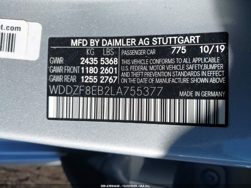 2020 Mercedes-Benz E 350 4Matic VIN: WDDZF8EB2LA755377 Lot: 43994448