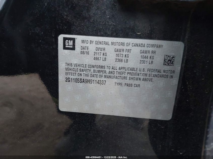 2017 Chevrolet Impala 1Lt VIN: 2G1105SA9H9114337 Lot: 43994451