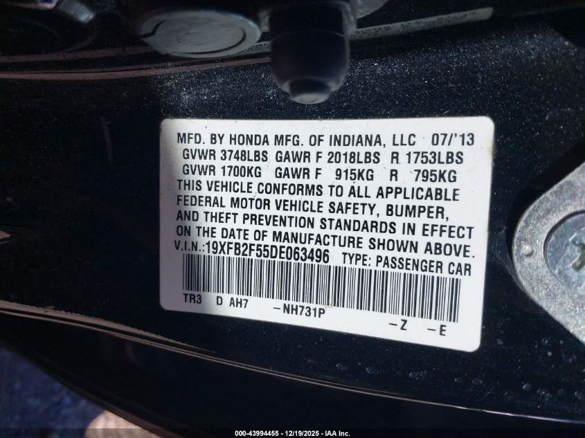 2013 Honda Civic Lx VIN: 19XFB2F55DE013496 Lot: 43994455