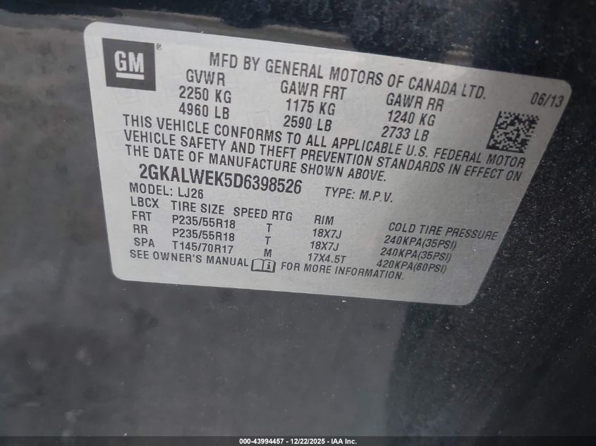 2013 GMC Terrain Slt-2 VIN: 2GKALWEK5D6398526 Lot: 43994457