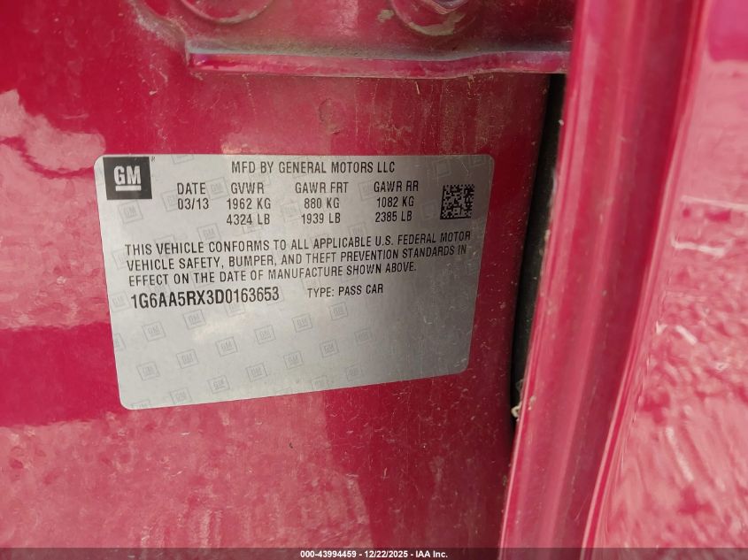 2013 Cadillac Ats Standard VIN: 1G6AA5RX3D0163653 Lot: 43994459