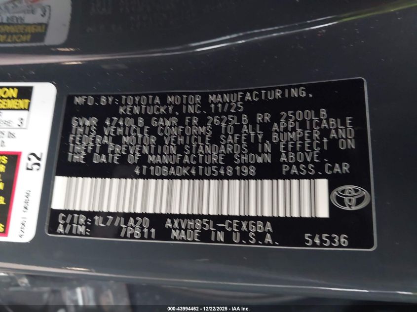 2026 Toyota Camry Xle VIN: 4T1DBADK4TU548198 Lot: 43994462