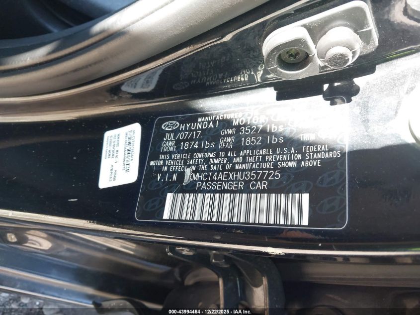 2017 Hyundai Accent Value Edition VIN: KMHCT4AEXHU357725 Lot: 43994464
