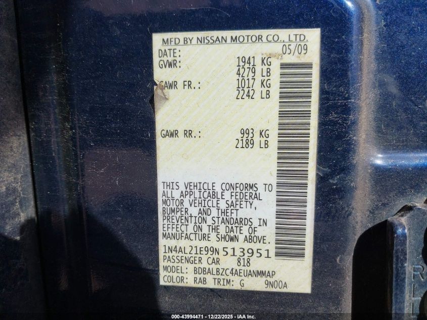 2009 Nissan Altima 2.5 S VIN: 1N4AL21E99N513951 Lot: 43994471