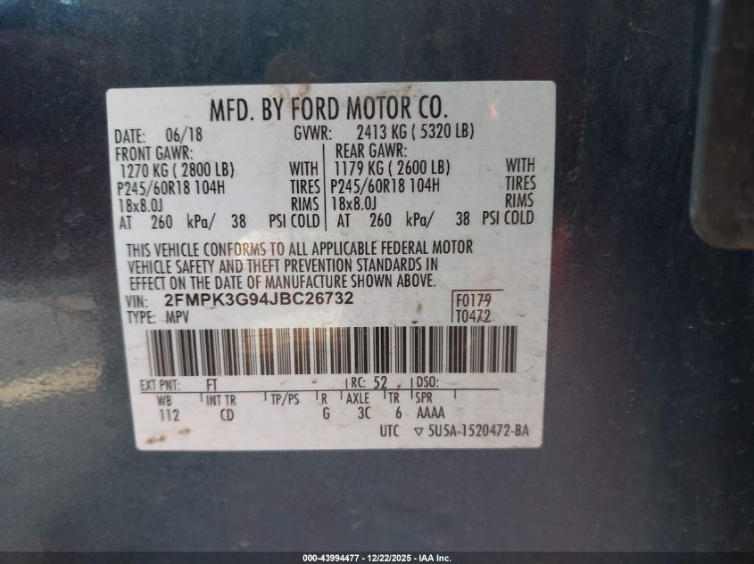 2018 Ford Edge Se VIN: 2FMPK3G94JBC26732 Lot: 43994477