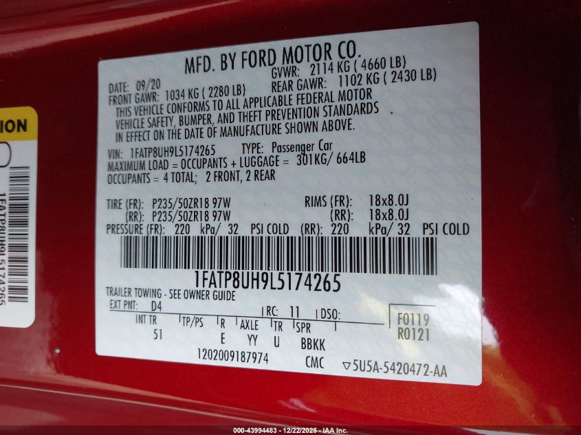 2020 Ford Mustang Ecoboost Premium VIN: 1FATP8UH9L5174265 Lot: 43994483