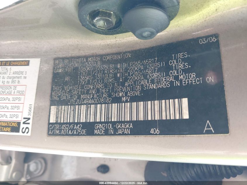 2006 Toyota 4Runner Sr5 V6 VIN: JTEZU14R460078182 Lot: 43994484