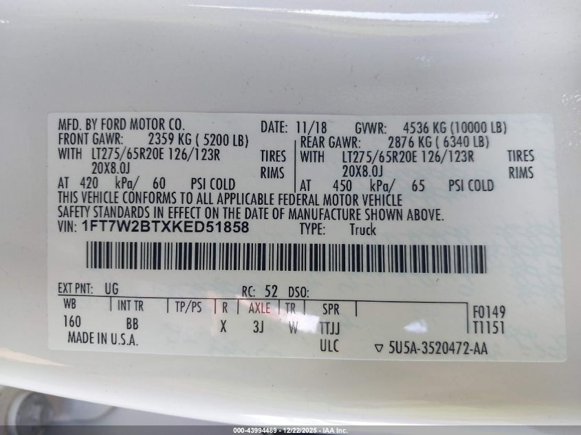 2019 Ford F-250 Platinum VIN: 1FT7W2BTXKED51858 Lot: 43994489