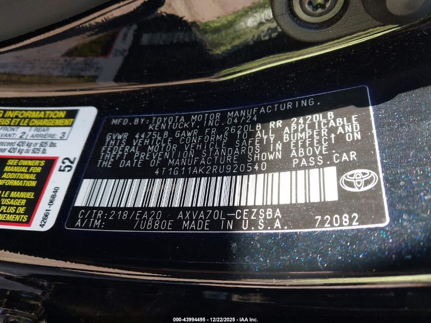 2024 Toyota Camry Se VIN: 4T1G11AK2RU920540 Lot: 43994495