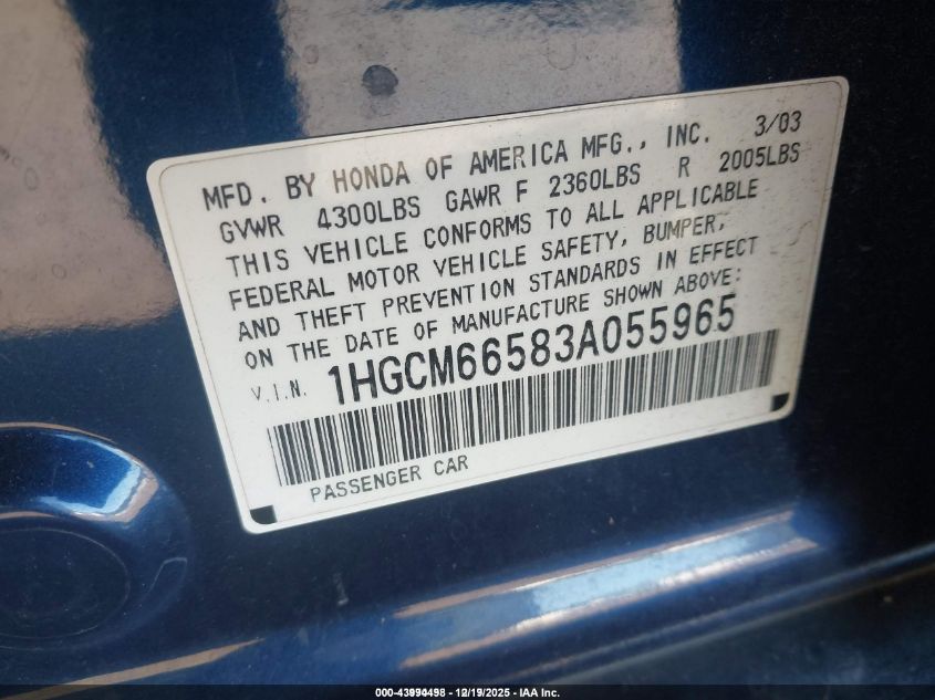 2003 Honda Accord 3.0 Ex VIN: 1HGCM66583A055965 Lot: 43994498