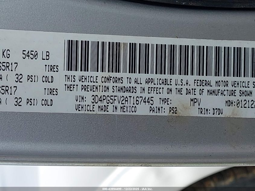 2010 Dodge Journey Sxt VIN: 3D4PG5FV2AT167445 Lot: 43994499
