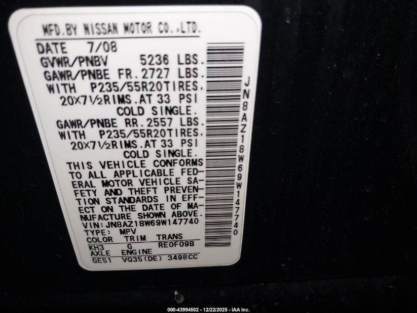 2009 Nissan Murano Le VIN: JN8AZ18W69W147740 Lot: 43994502