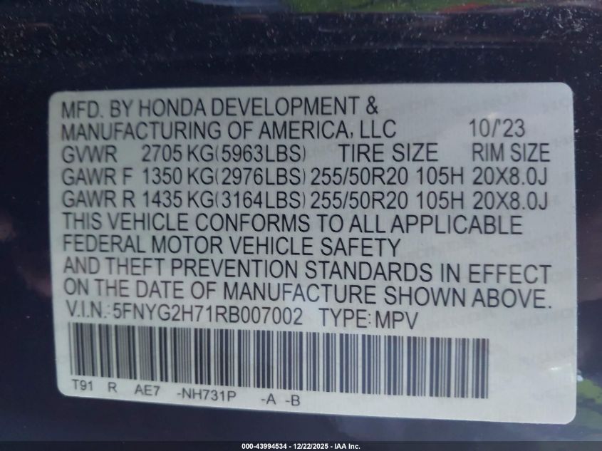 2024 Honda Pilot Touring VIN: 5FNYG2H71RB007002 Lot: 43994534