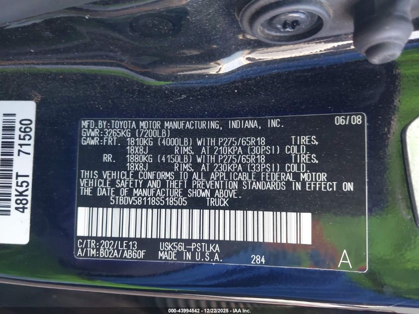 2008 Toyota Tundra Limited 5.7L V8 VIN: 5TBDV58118S518505 Lot: 43994542
