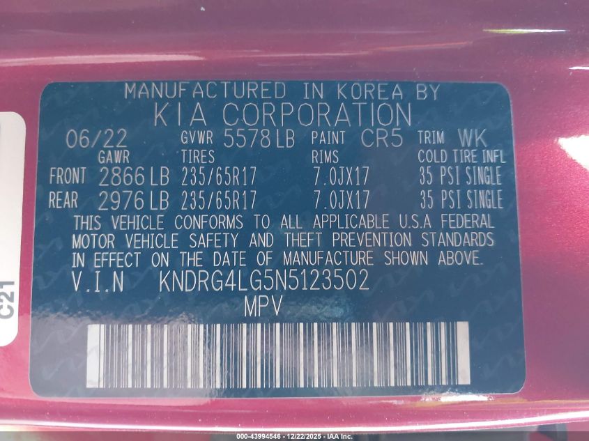 2022 Kia Sorento Hybrid S VIN: KNDRG4LG5N5123502 Lot: 43994546