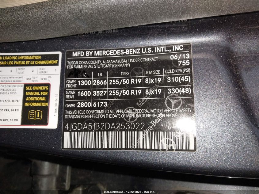 2013 Mercedes-Benz Ml 350 VIN: 4JGDA5JB2DA253022 Lot: 43994545