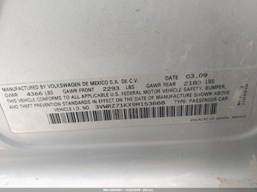 2009 Volkswagen Jetta Se VIN: 3VWRZ71KX9M153868 Lot: 43994581