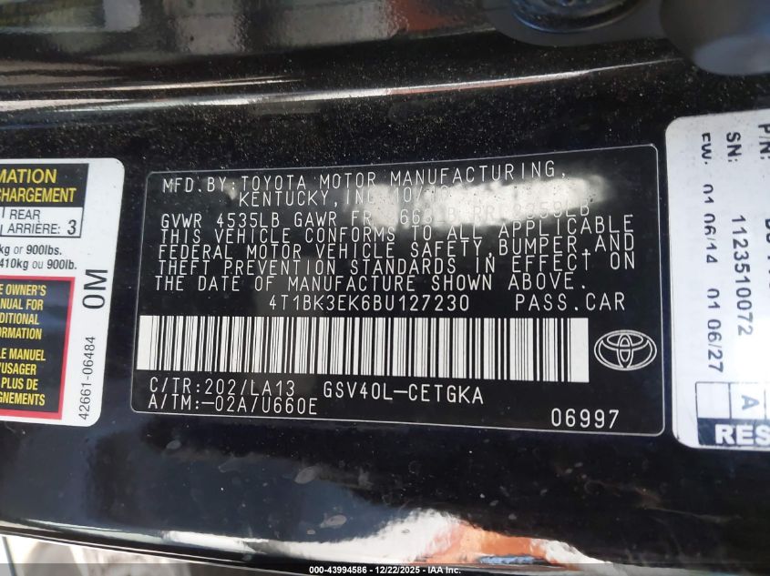 2011 Toyota Camry Xle V6 VIN: 4T1BK3EK6BU127230 Lot: 43994586