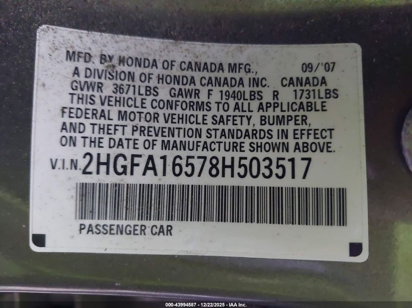 2008 Honda Civic Lx VIN: 2HGFA16578H503517 Lot: 43994587