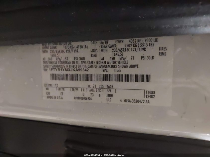 2018 Ford Transit-250 VIN: 1FTYR1YMXJKA99342 Lot: 43994591