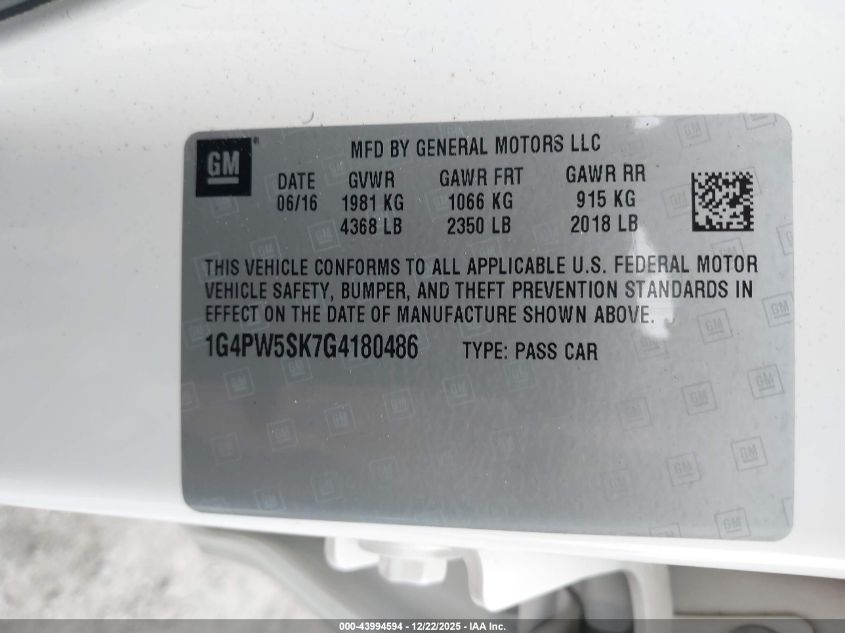 2016 Buick Verano Sport Touring Group VIN: 1G4PW5SK7G4180486 Lot: 43994594