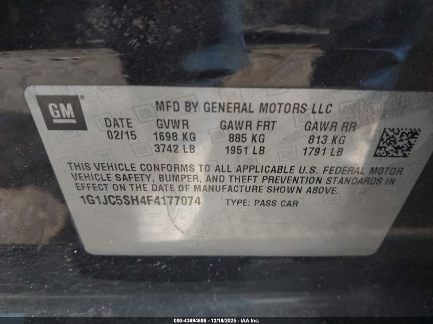 2015 Chevrolet Sonic Lt Auto VIN: 1G1JC5SH4F4177074 Lot: 43994605