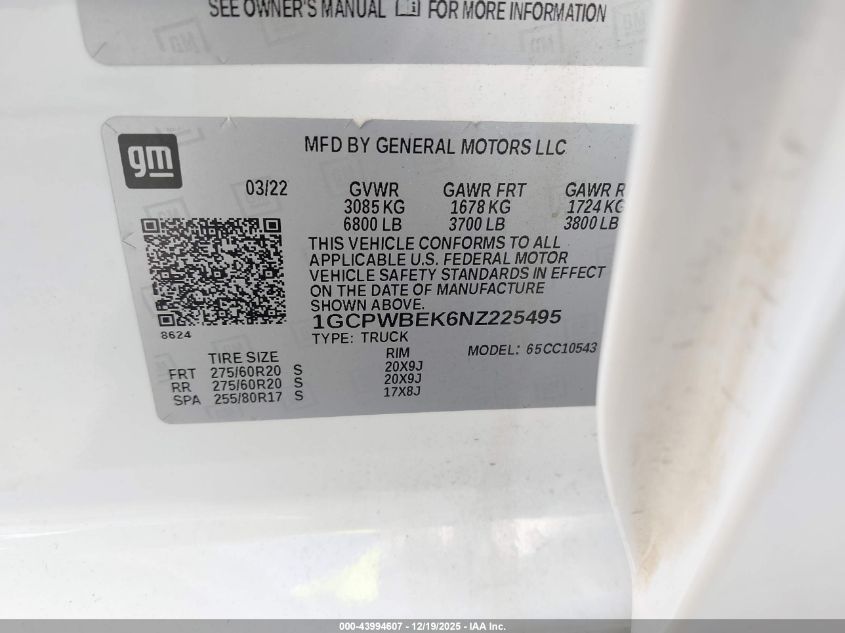 2022 Chevrolet Silverado 1500 Ltd 2Wd Short Bed Custom VIN: 1GCPWBEK6NZ225495 Lot: 43994607