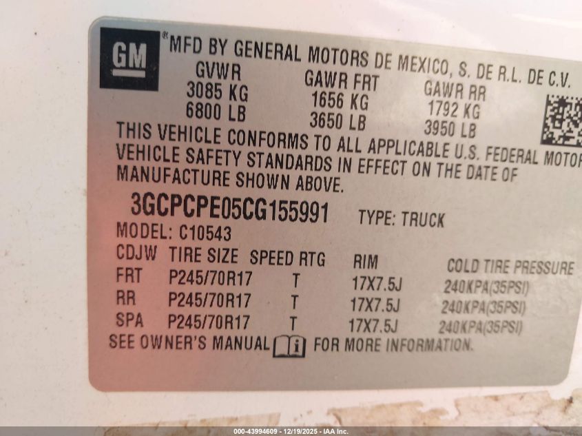 2012 Chevrolet Silverado 1500 Work Truck VIN: 3GCPCPE05CG155991 Lot: 43994609