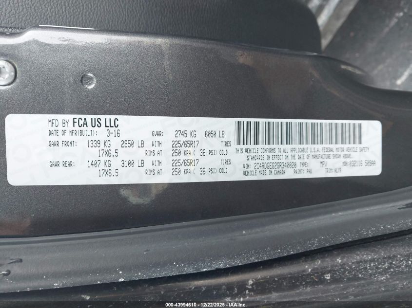 2016 Dodge Grand Caravan R/T VIN: 2C4RDGEG2GR340020 Lot: 43994610