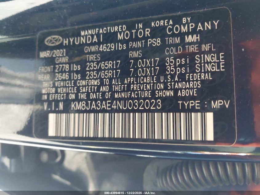 2022 Hyundai Tucson Se VIN: KM8JA3AE4NU032023 Lot: 43994615