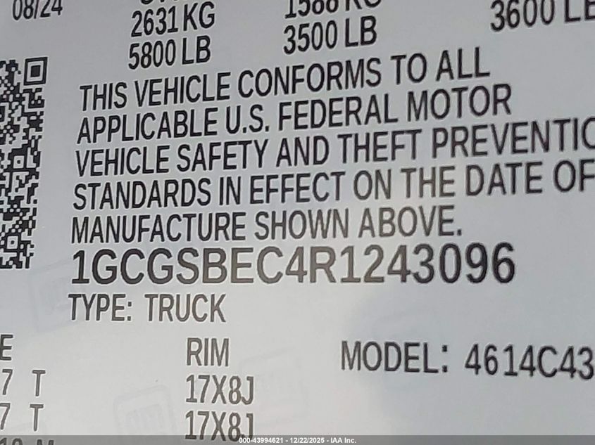 2024 Chevrolet Colorado 2Wd Wt VIN: 1GCGSBEC4R1243096 Lot: 43994621