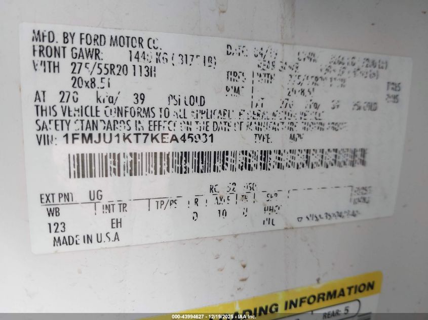 2019 Ford Expedition Limited VIN: 1FMJU1KT7KEA45931 Lot: 43994627