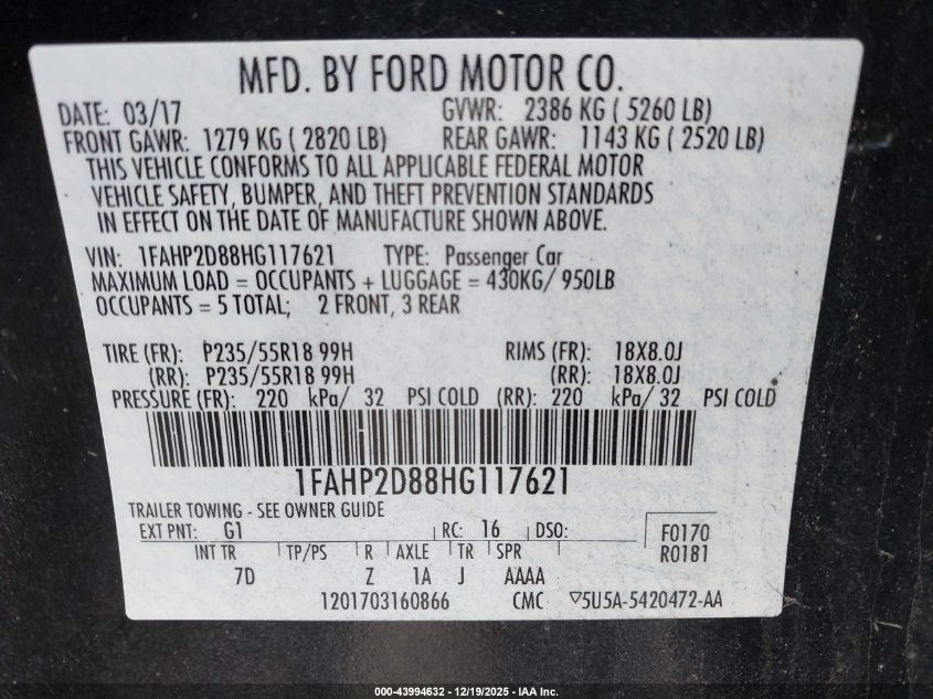 2017 Ford Taurus Se VIN: 1FAHP2D88HG117621 Lot: 43994632