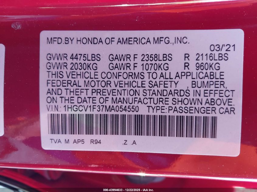 2021 Honda Accord Sport VIN: 1HGCV1F37MA054550 Lot: 43994633