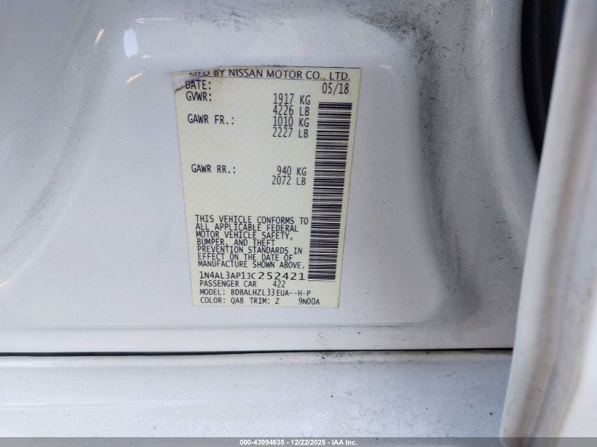 2018 Nissan Altima 2.5 Sr VIN: 1N4AL3AP1JC252421 Lot: 43994635