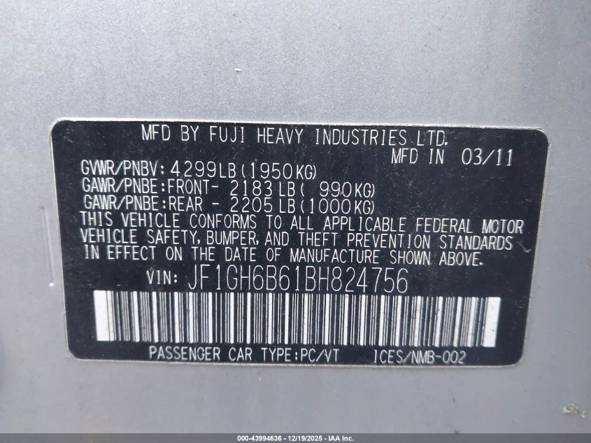 2011 Subaru Impreza 2.5I Premium VIN: JF1GH6B61BH824756 Lot: 43994636